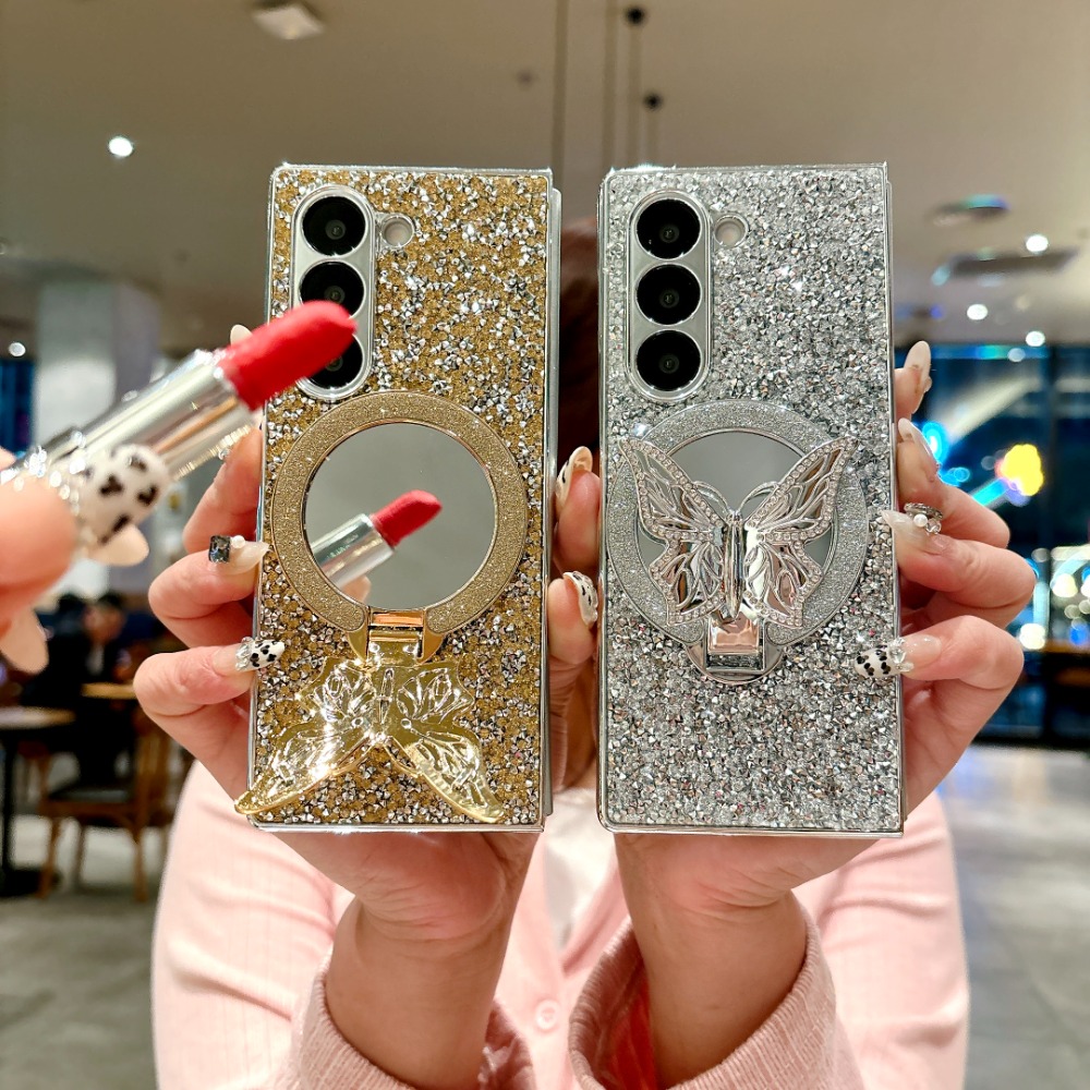 HODON Luxury Shiny Butterfly Stand Glitter Diamond Phone Case for Samsung Galaxy Z Fold 6 Z Fold5 Z Fold4 Cases Makeup Mirror Folding Hard PC Back Cover