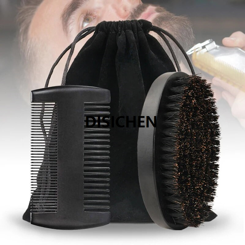 DISICHEN Professional Soft Boar Bristle Wood Beard Brush Hairdresser Shaving Brush Comb Men Mustache Comb Kit With Gift Bag Hair Comb Set