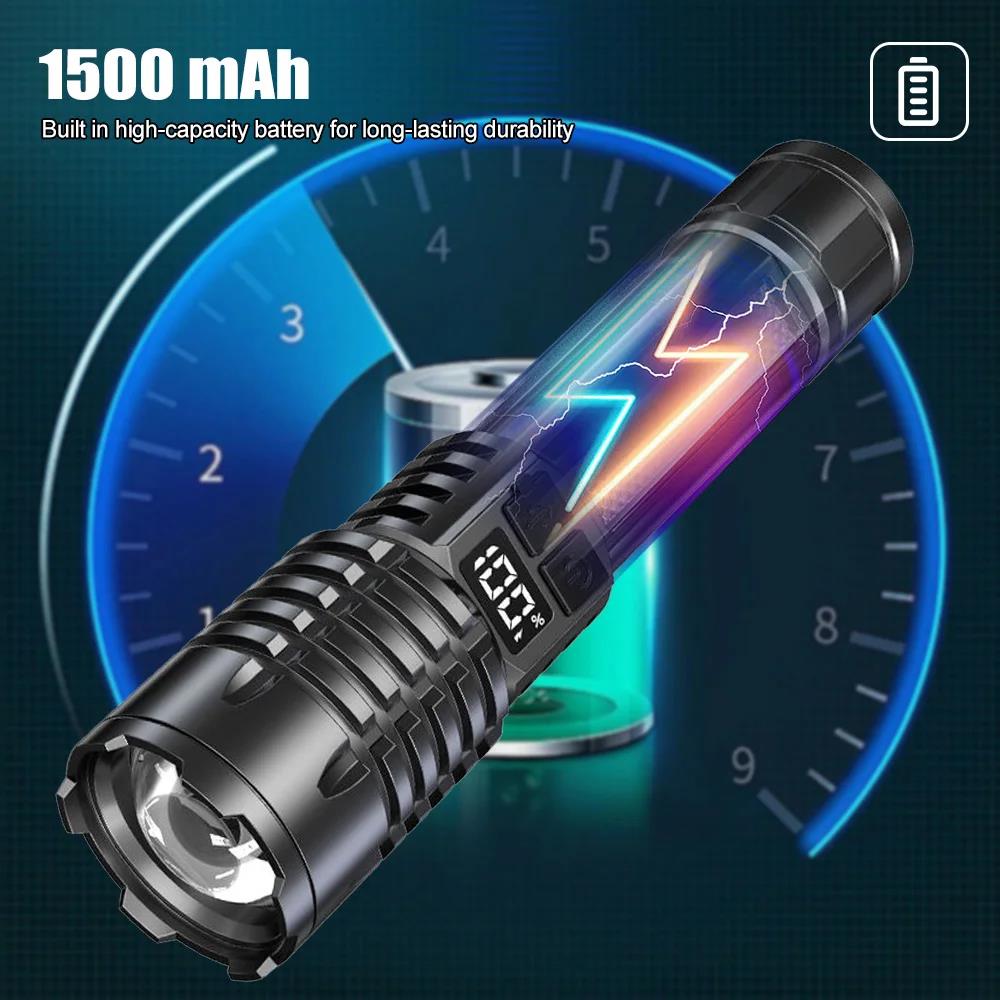 2025 New Portable Rechargeable High Power LED Flashlights With Display Screen Zoom Tactical Torch Lamp with Emergency Side Lights Lantern