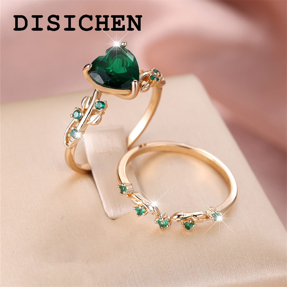 DISICHEN Luxury Royal Blue Green Black Red Stone Heart Ring Sets For Women Rose Gold Color White Zircon Bridal Wedding Bands Mothers Day Jewelry