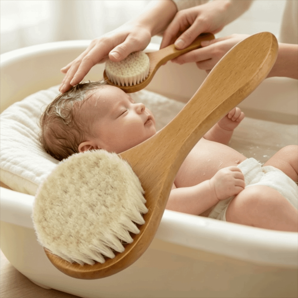 High Quality Natural Baby Hair Brush Wooden Handle Soft Bristle Cradle Cap Brush Round Shape Head Baby Head Massager