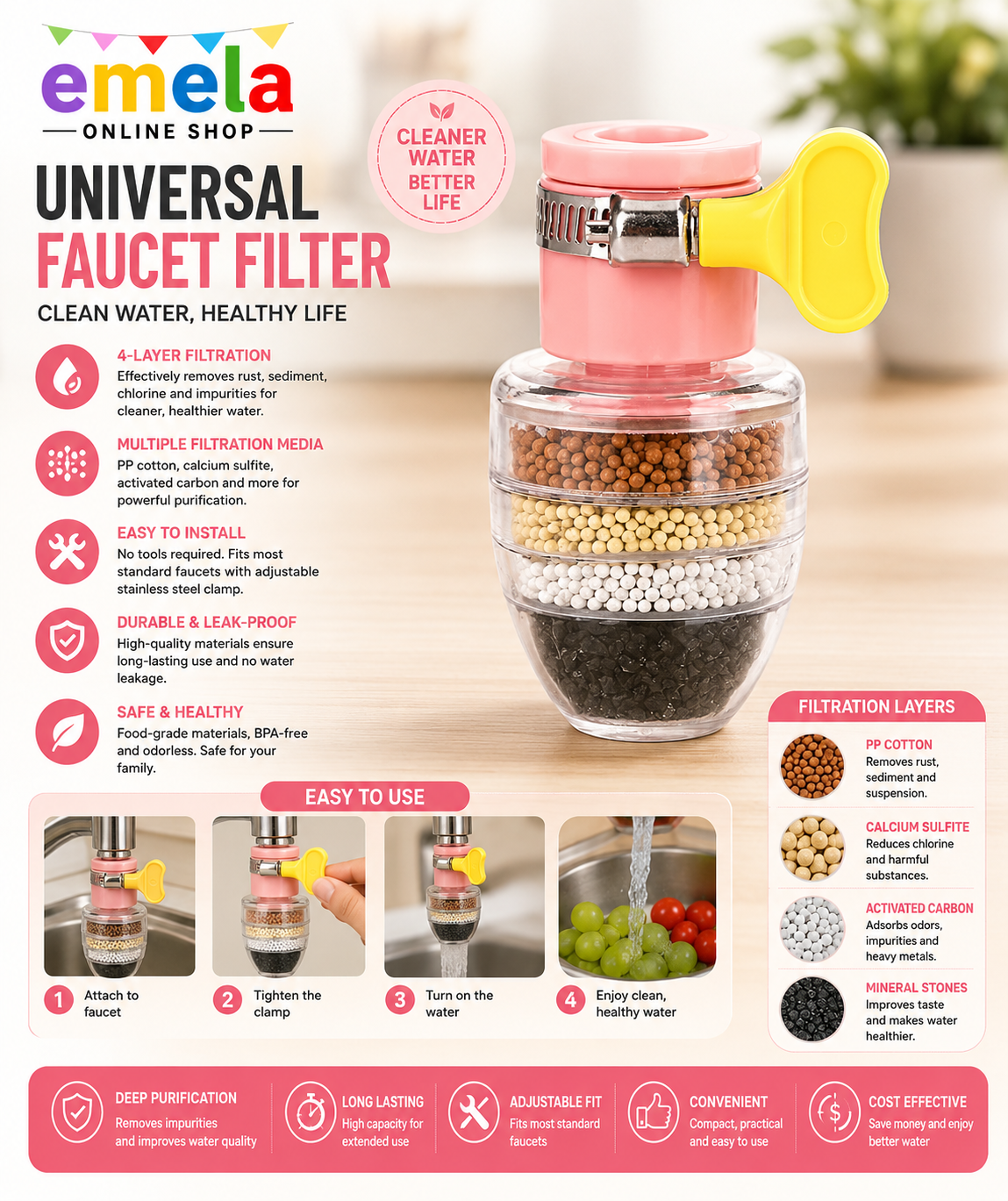 Coconut Carbon Home Kitchen Faucet Tap Water Clean 5 layer Purifier Filter