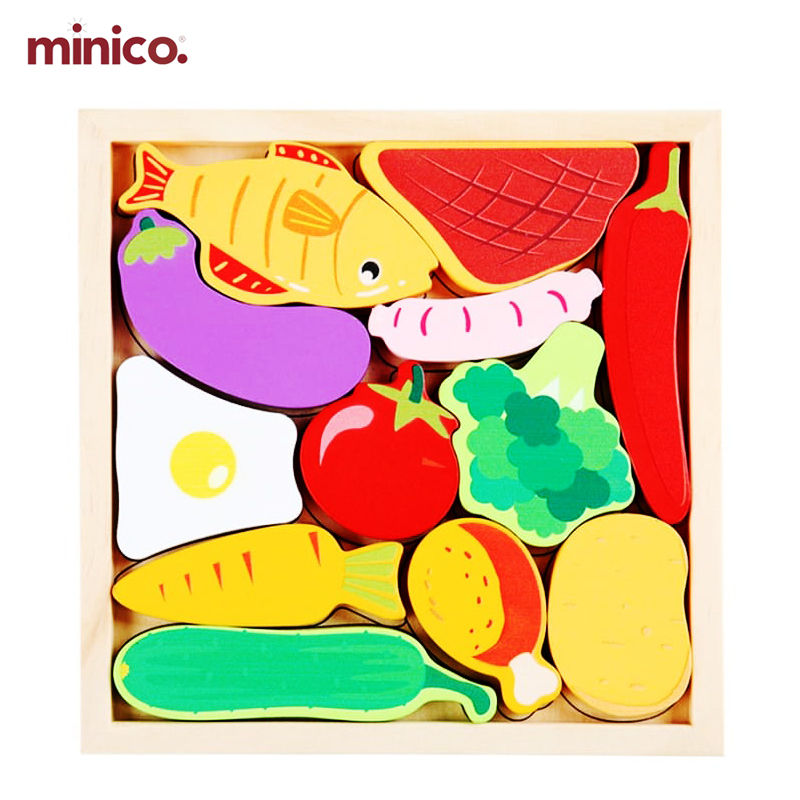 Minico Wooden Food Puzzle for Kids - Montessori Educational Learning Toy for Toddlers | 3D Jigsaw Puzzle with Vegetables & Meat | Shape Sorter Pretend Play Set