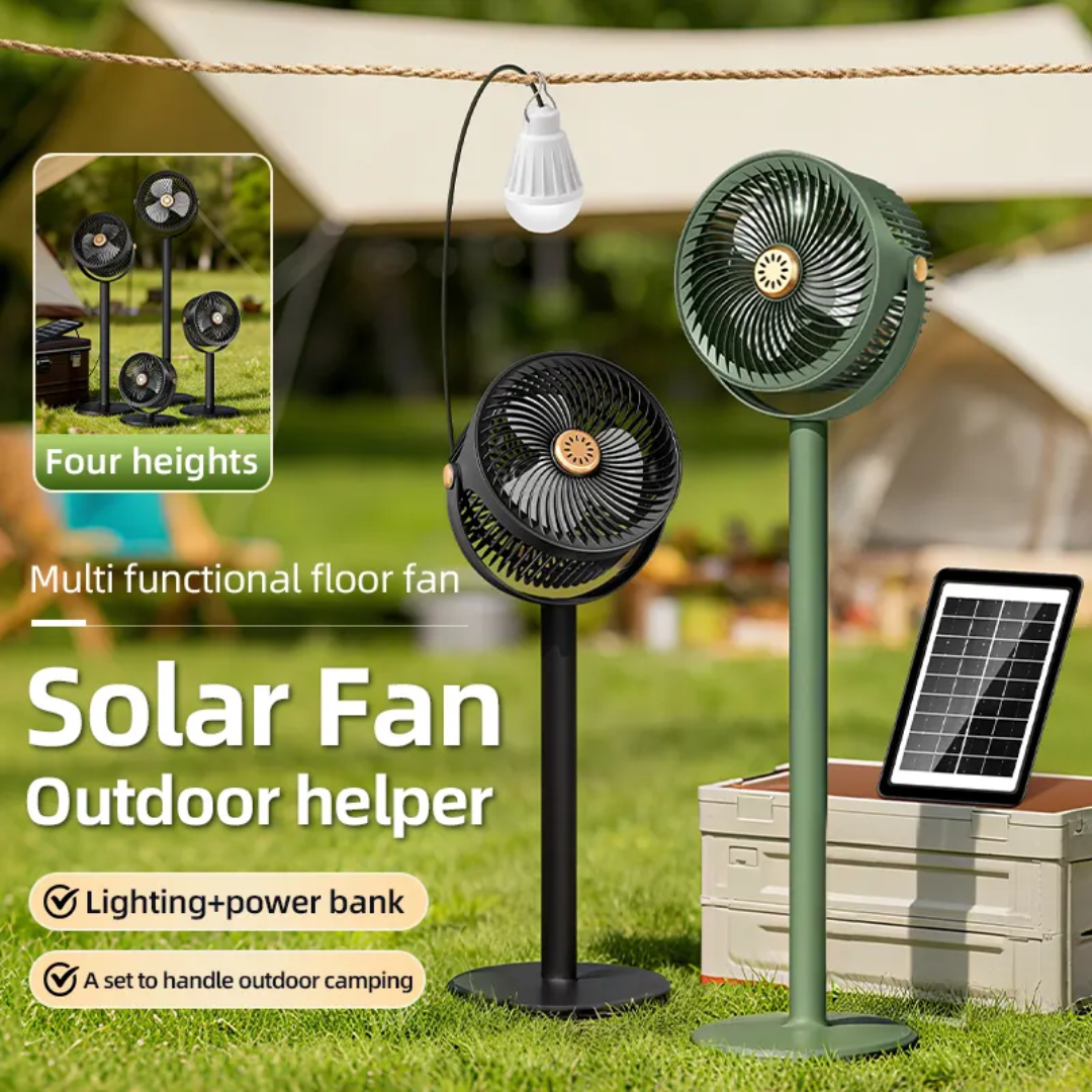 Solar Rechargeable Floor Fan with LED Light - 4000mAh Portable Camping Fan, 5 Speed Wind, 4 Height Adjustable Stand, Type-C Charging, Power Bank Function - Aarshistore