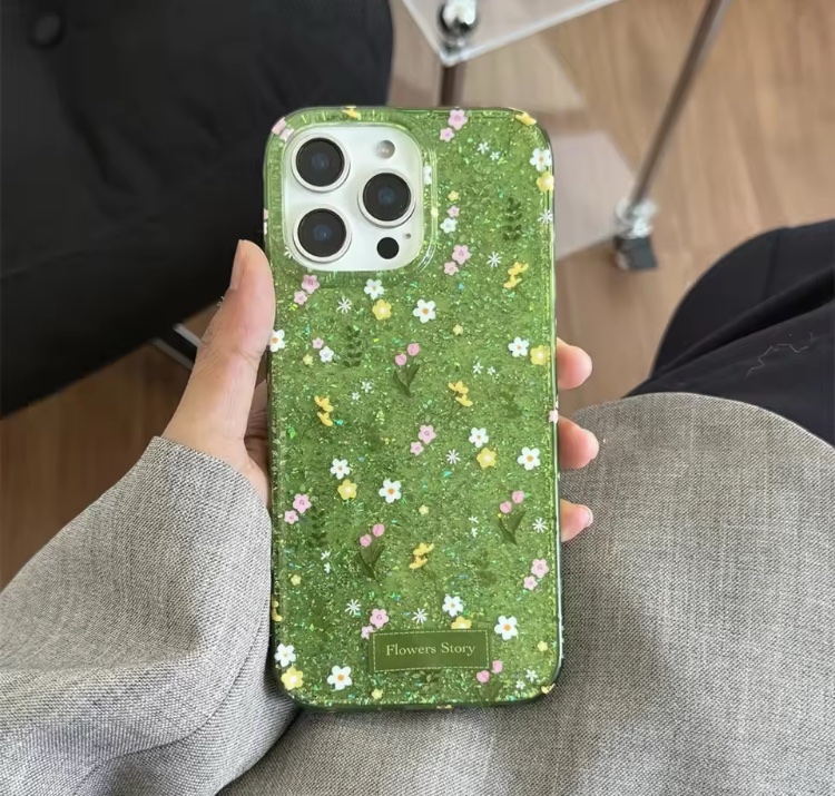 Masala Beads Cute Spring Floral Lovely TPU i-Phone Case Ins Luxury Green Glitter Hard Cover Shockproof Silicon Cases Clear Protective Mobile Covers Girls Gift