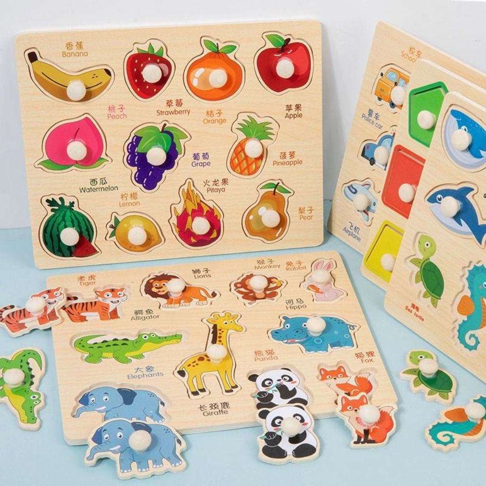 Multifuncional Wooden Baby Cognitive Toys Vehicle Alphabet Letters Montessori Toy Fruits Animals 3D Puzzles Kids