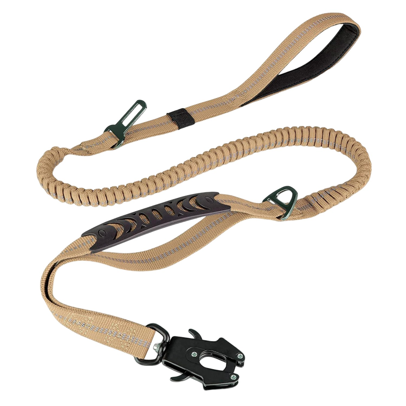 Dog Leash Heavy Duty,4-6FT Shock Absorbing Bungee Dog Leash+2 Padded Handle,Metal Carabiner Clip,Car Seat Belt Khaki Easy Install