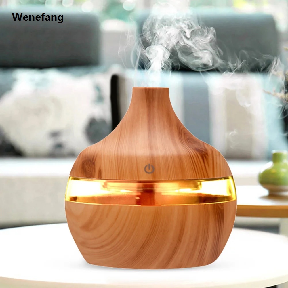 Wenefang Electric Humidifier Essential Aroma Oil Diffuser Ultrasonic Wood Fashion Grain Air Humidifier Mini Mist Maker LED Light for Home