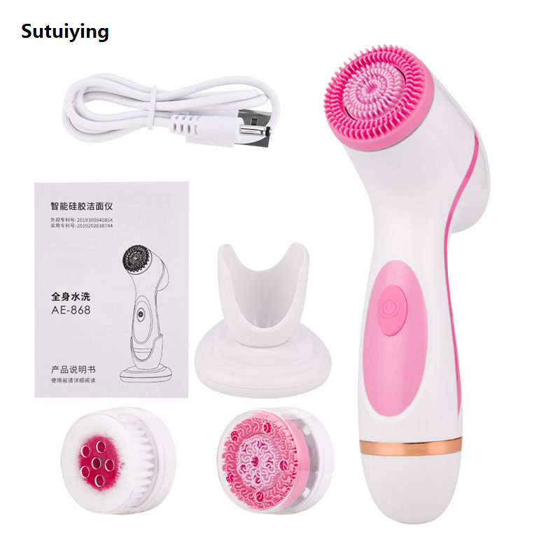 Sutuiying Battery Operate Double Rotating Soft Brush Head Deeply Clean Fashion Electric Silicone Facial Cleansing Brush With 3 Brush