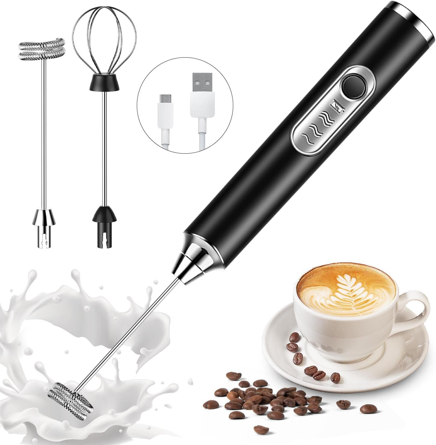3-Speed Electric Frother for Coffee with 2 Whisks, Coffee Frother Mixer, Stand-up Design, for Cream, Latte, Cappuccino and for Butter Milk