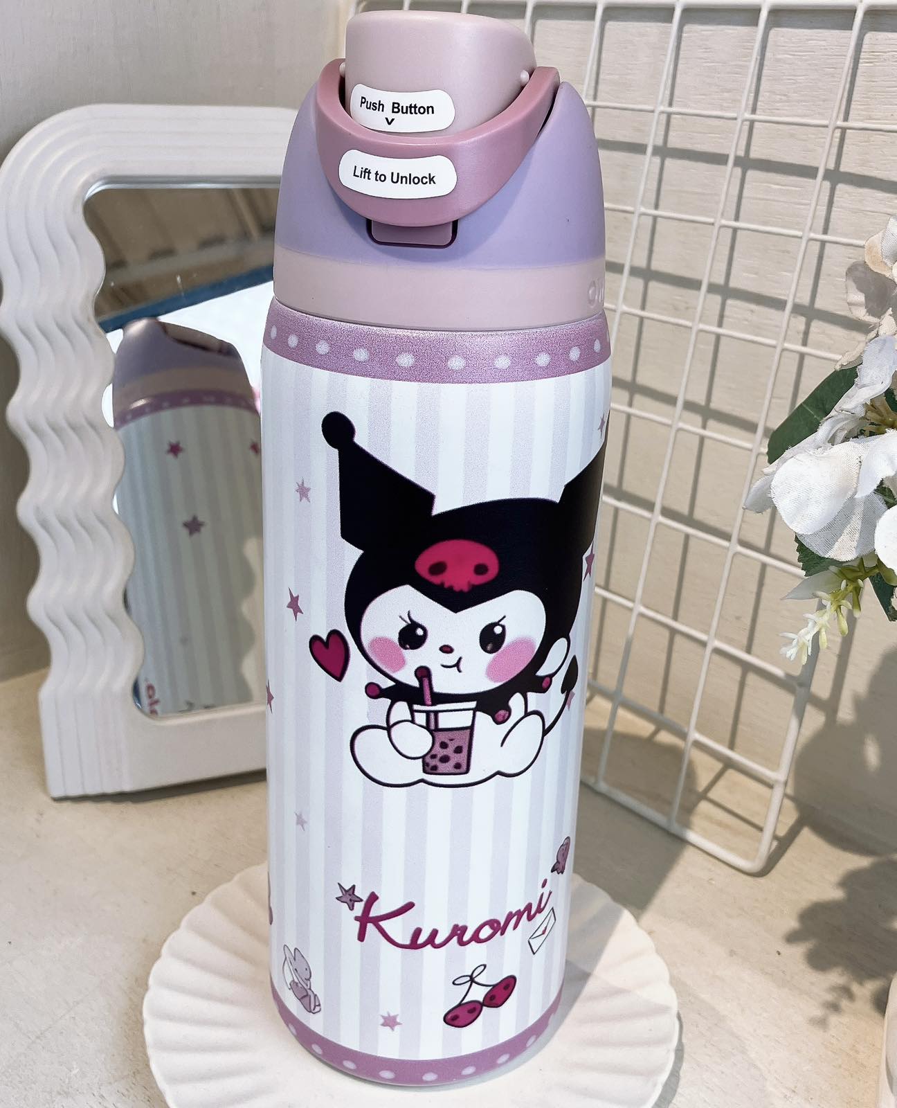 Masala Beads 945ML OWALA Kuromi Pattern Stainless Steel Thermos Insulated Cup 32oz Simple Double Drinking Straw Large Capacity Portable Travel Bottle Spill Resistant Lid Straw Stanley Thermal Cup With Handle Owala Outdoor Vacuum Water Bottle
