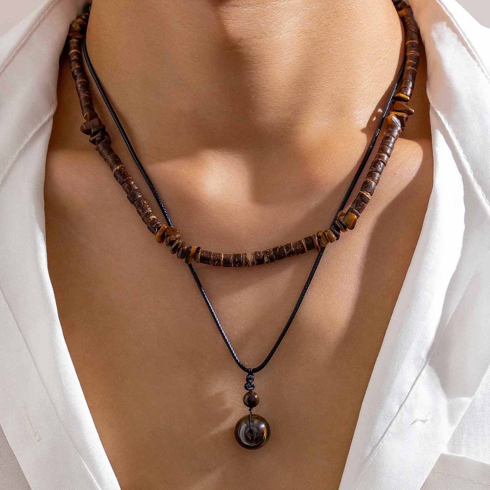 Fashion Natural Stone Natural Stone Pendant Necklace Wood Beads Ethnic Style Wood Pearl Turquoise Necklace Vintage Coconut Shell Neck Jewelry Women