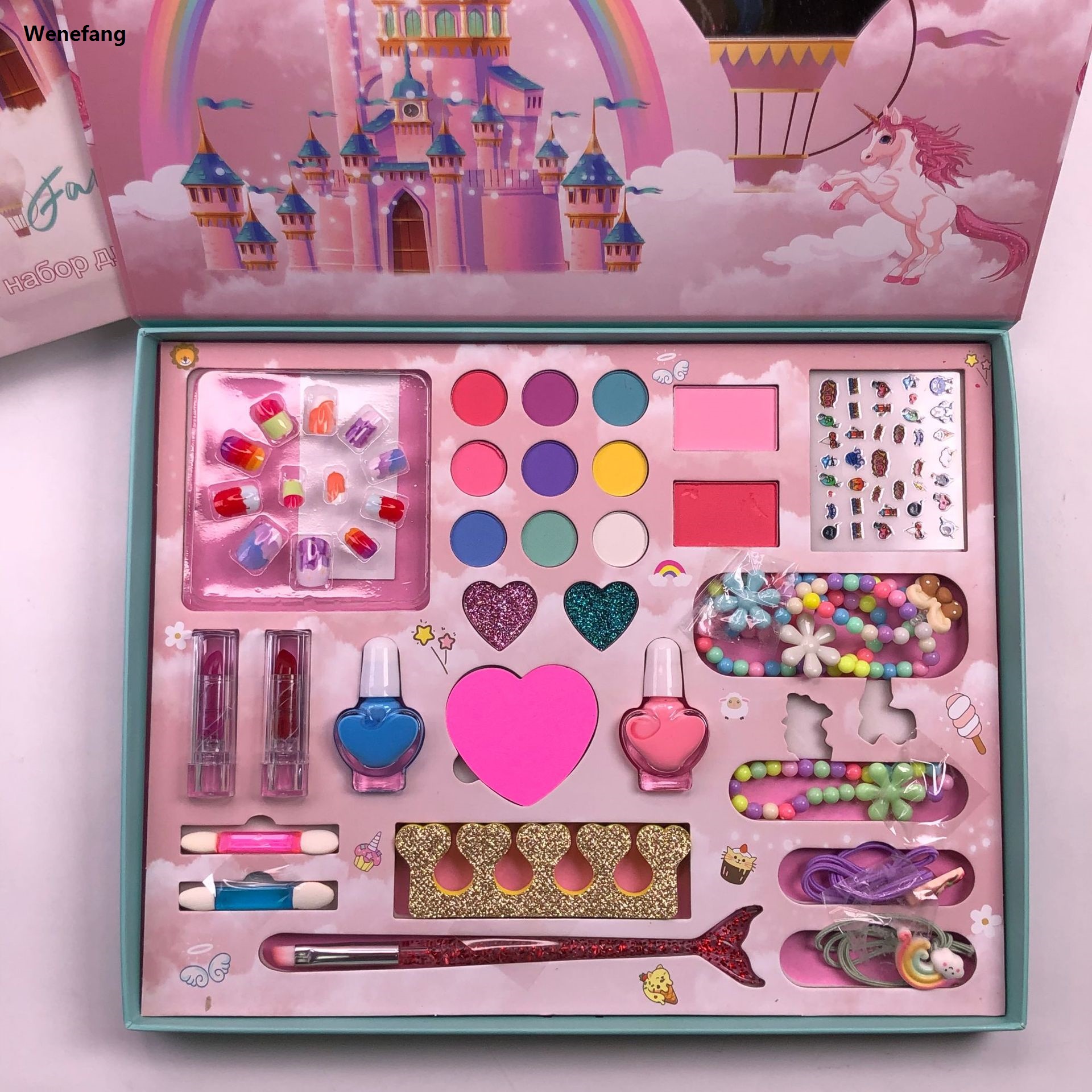 Wenefang kids makeup set for Kids Eye shadow Nail Polish Ornaments Beading New set for girls cloud Box birthday gift Educational GIfts