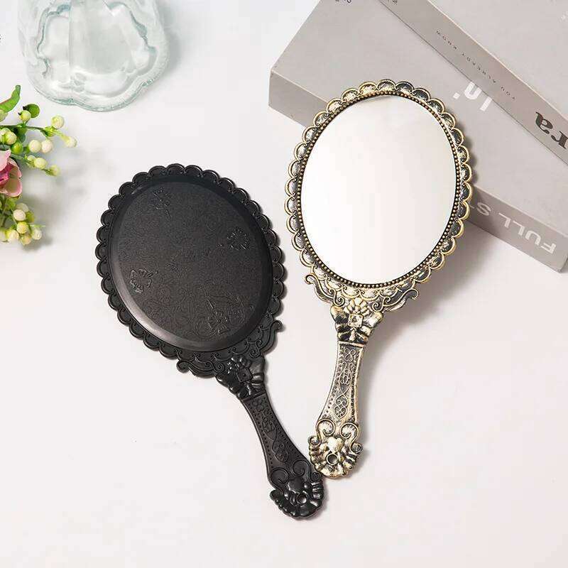 Creative Retro Makeup HD With Handle Women Bathroom Plastic Patterned Make Up Mirror Portable Handheld Antique Vanity