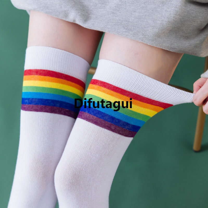 Difutagui Autumn and Winter Rainbow Striped Knee-Length Calf Socks over the 【2025 Version】 Knee Stockings Cotton Japanese and Korean Style College Style