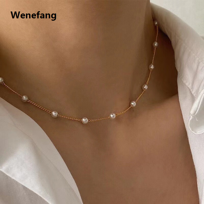 Wenefang New Beads Women's Neck Chain Pearl Choker Necklace Gold Color Goth Chocker Jewelry On The Neck Pendant 2024 Collar For Girl