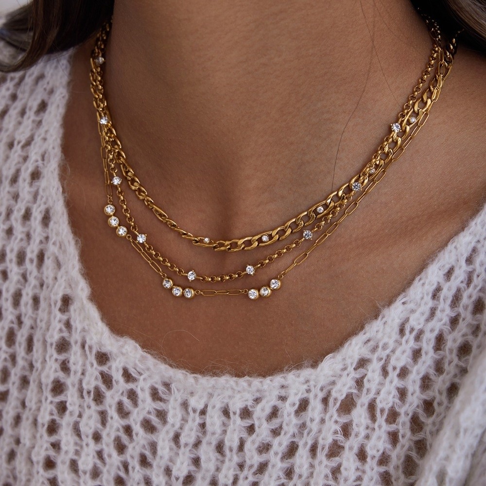 Fashion 18K Plated Zirconia Chain Classic Gold Stackable Women Necklace Minimalist Stainless Steel Cubic Zirconia Necklace Gift