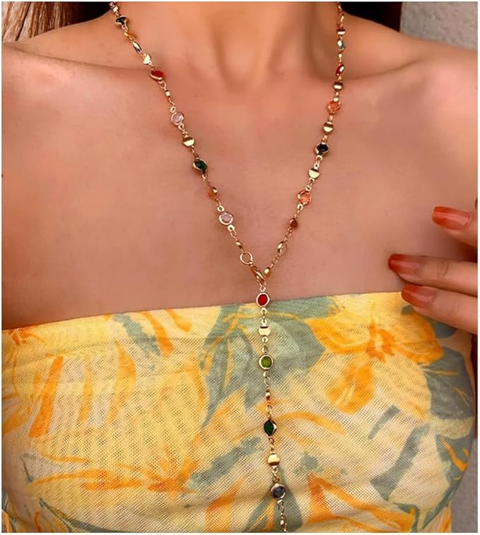 Colorful Glass Y-Shaped Necklace - Long Chain Body Jewelry with Gold & Silver Finish | Elegant Summer Party Accessory | 99 Stores Offer