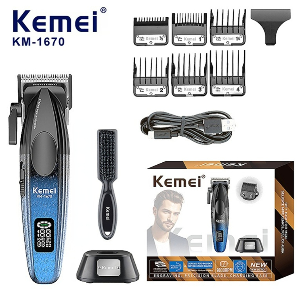 Kemei Hair Trimmer Professional Trimmer Adjustable Haircut Machine 9000 RPM Hair Clipper Brushless Motor Trimmer for Men KM-1670