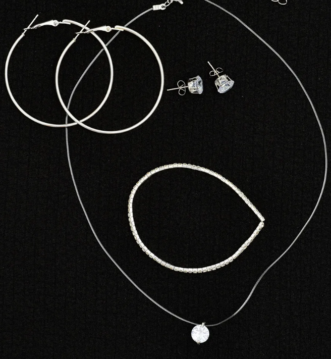 Pebbles Nepal 4-In-1 Minimalist Silver Jewelry Combo Set for Women - Floating Crystal Necklace, Stud Earrings, Tennis Bracelet & Large Hoop Earrings Pack