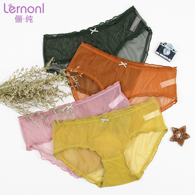 Japanese cute solid color student breathable mesh wood ear edge high elasticity mid-waist bag pants women's underwear source manufacturer