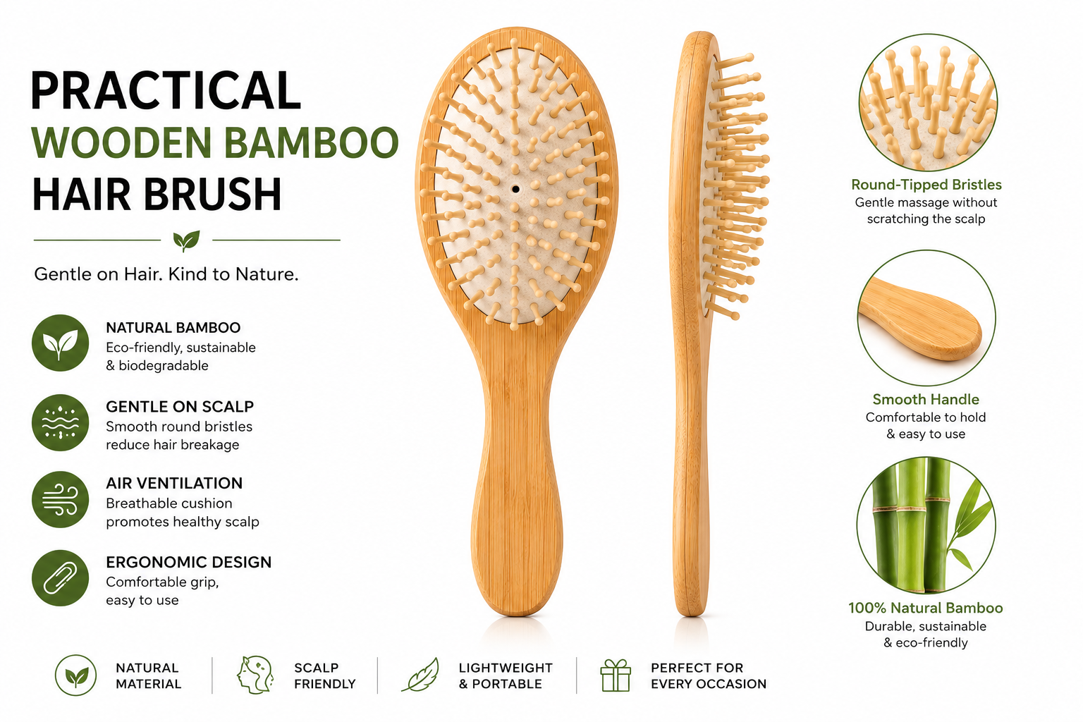 Ergonomic Wooden Bamboo Hair Brush - Gentle Scalp Massage Comb with Round-Tip Bristles & Air-Cushion Design for Smooth, Detangled Hair