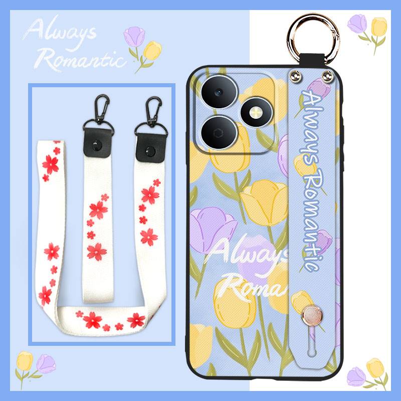 Flower Kickstand Phone Case For Oukitel C69 Anti-knock Wristband Durable Ring Waterproof Protective Anti-dust Silicone