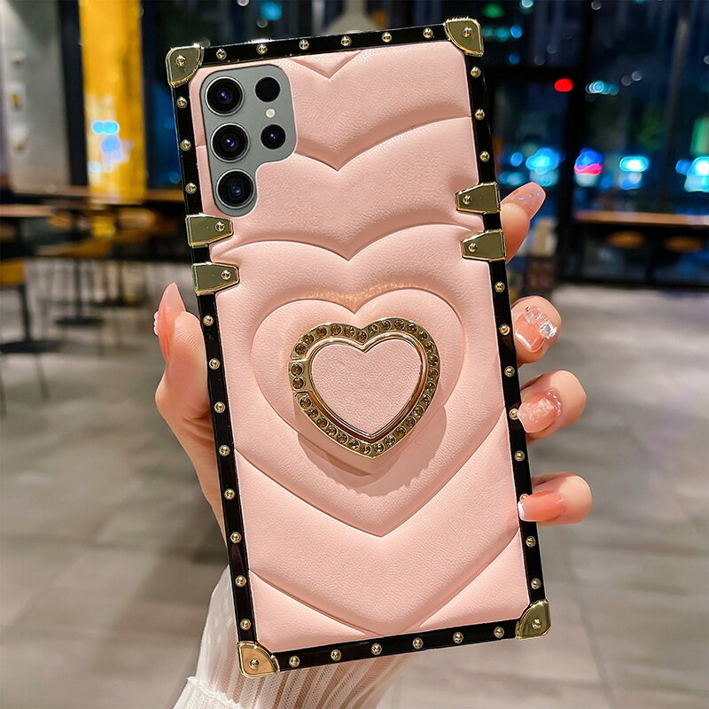 For Samsung S24 S23 Ultra S21 FE S22 Plus A72 A13 A33 5G A53 A52 ShockProof with Heart Ring Holder Luxury Square Edge Phone Case Cover