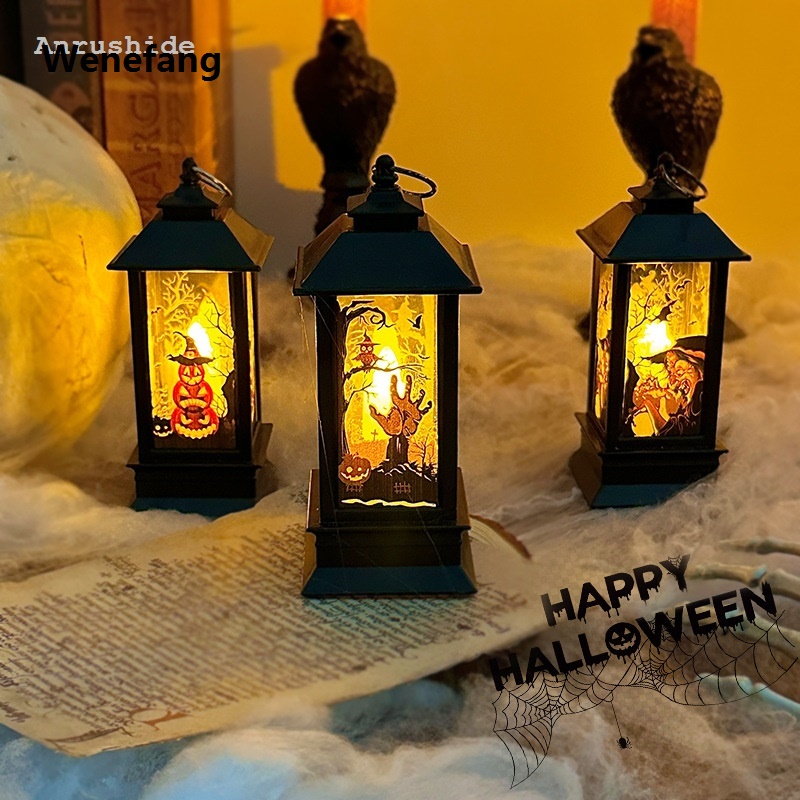 Wenefang Anrushide Haloween Party Decor Supplies Halloween Decorations Led Candle Light Portable Vintage Witch Castle Pumpkin Ghost Hanging LED Lantern Lamp