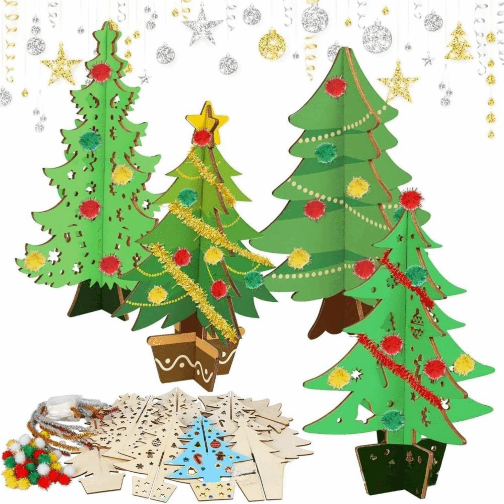 70Pcs New DIY Handmade Christmas Tree Painting Parent-child interaction Christmas Crafts Set 3D Wooden Drawing Board Kids Painting Crafts