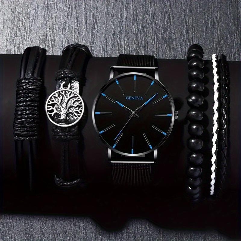 New specials 5pcs/set, Mens Stainless Steel Quartz Watch and Bracelet Set - Durable Precise, and Comfortable Accessory forBusiness and Sports