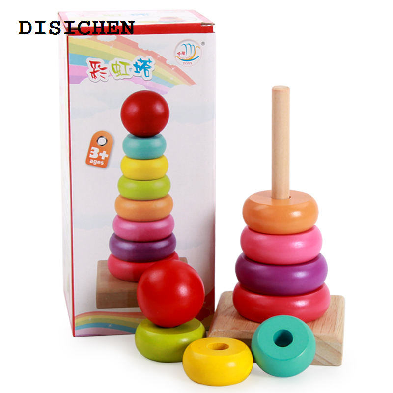 DISICHEN 2025 New Rainbow Tower Ferrule Tumbler Wooden tacked Puzzle Children Educational Toy Early Childhood Rainbow Tower Circle