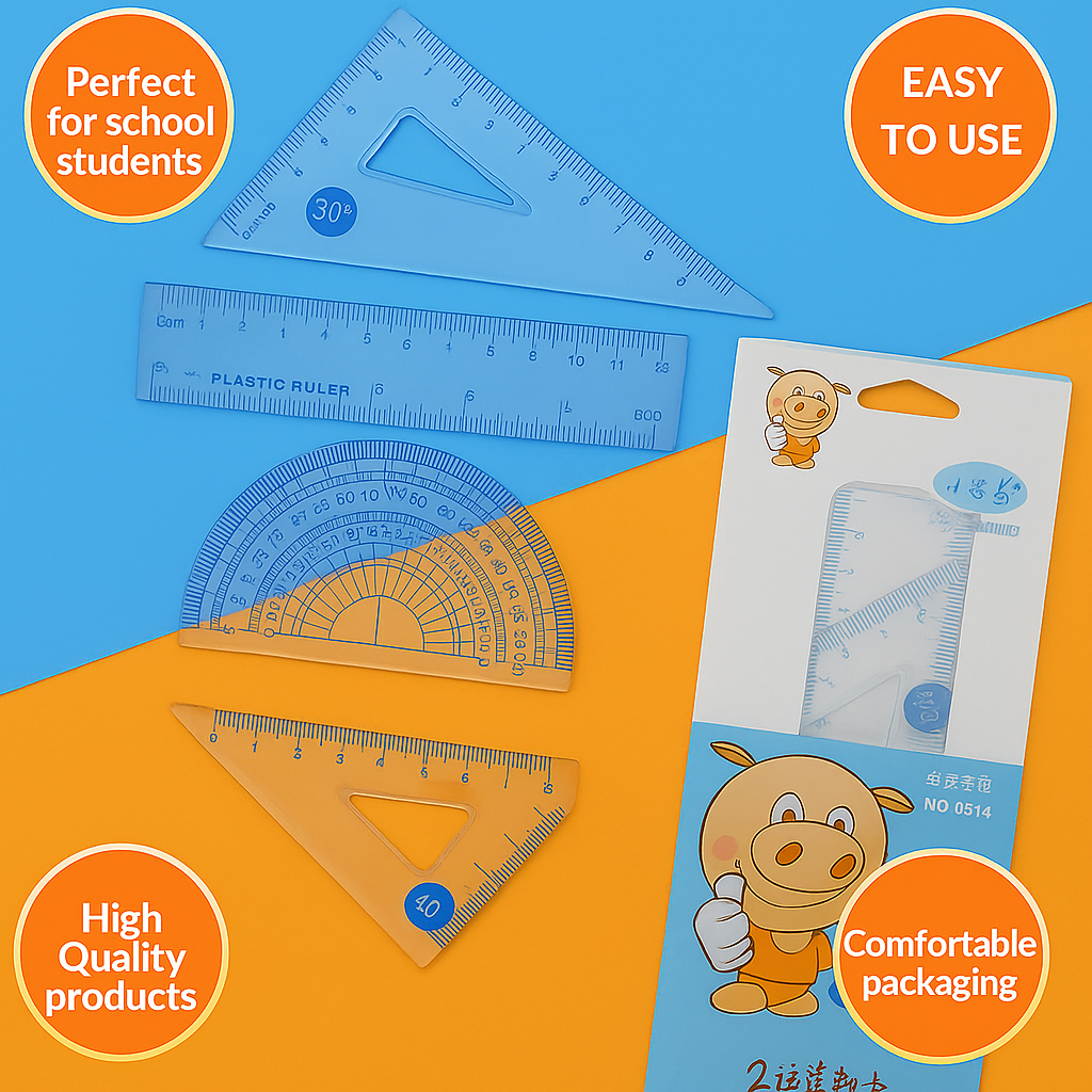 Student Geometry Box Set - 4 Pcs Ruler, Protractor & Set Squares | Transparent Plastic Math Tools For School Use