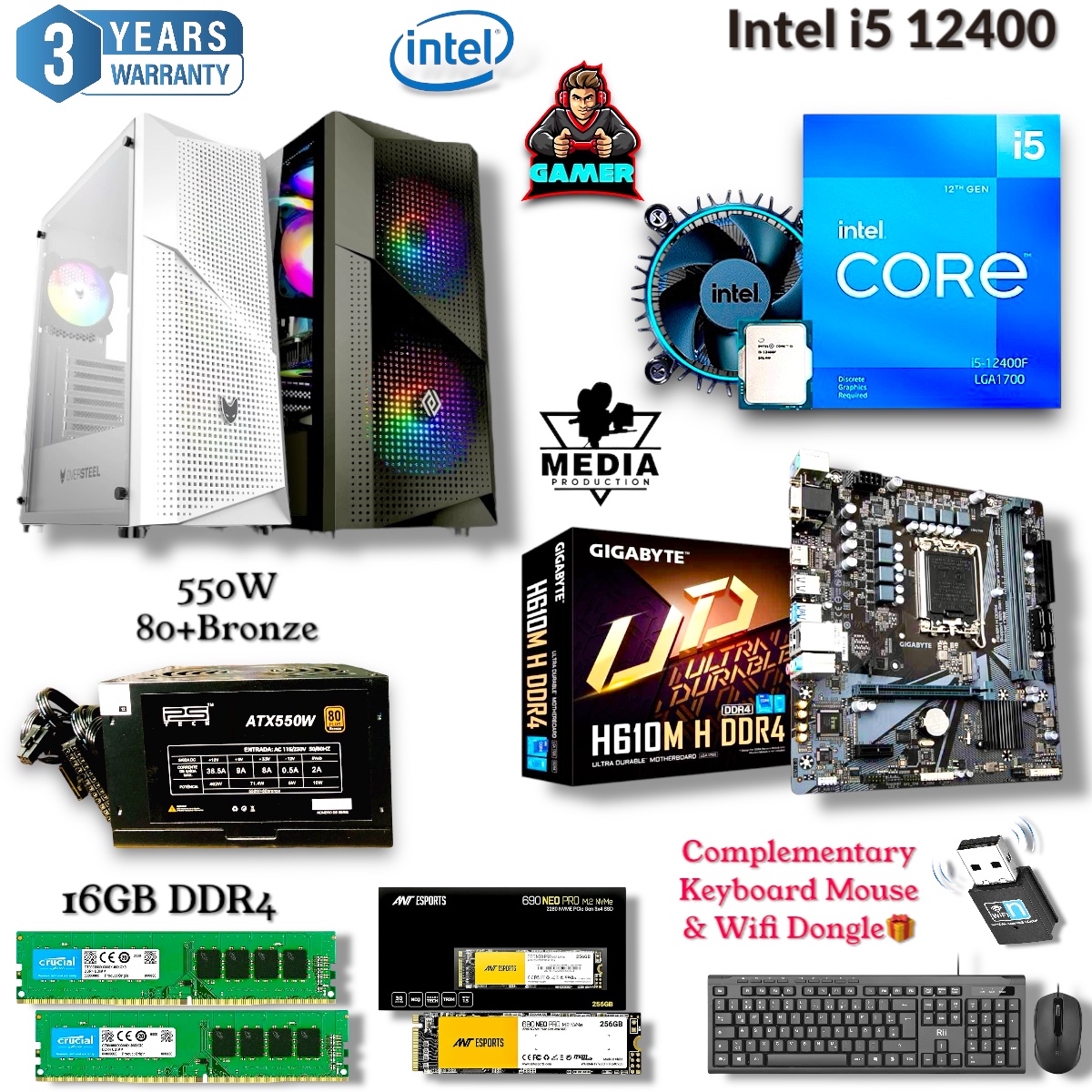 Gaming & Editing PC With i5 12400, H610M DDR4 Board, 550Watt PSU, 16GB RAM, 256/512GB SSD Desktop