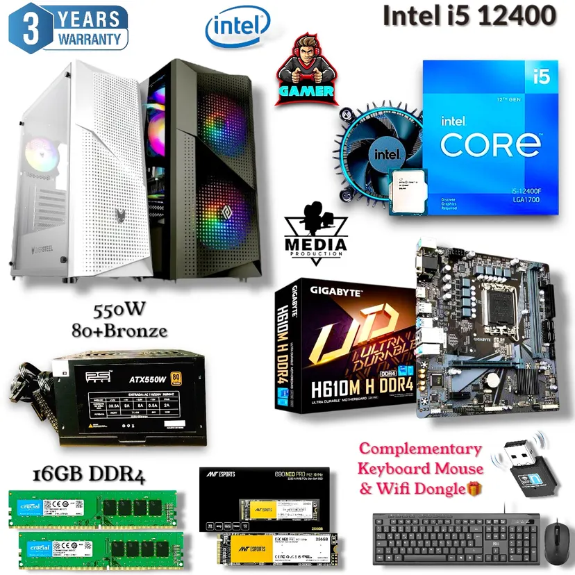 Gaming & Editing PC With i5 12400, H610M DDR4 Board, 550Watt PSU, 16GB RAM, 256/512GB SSD Desktop