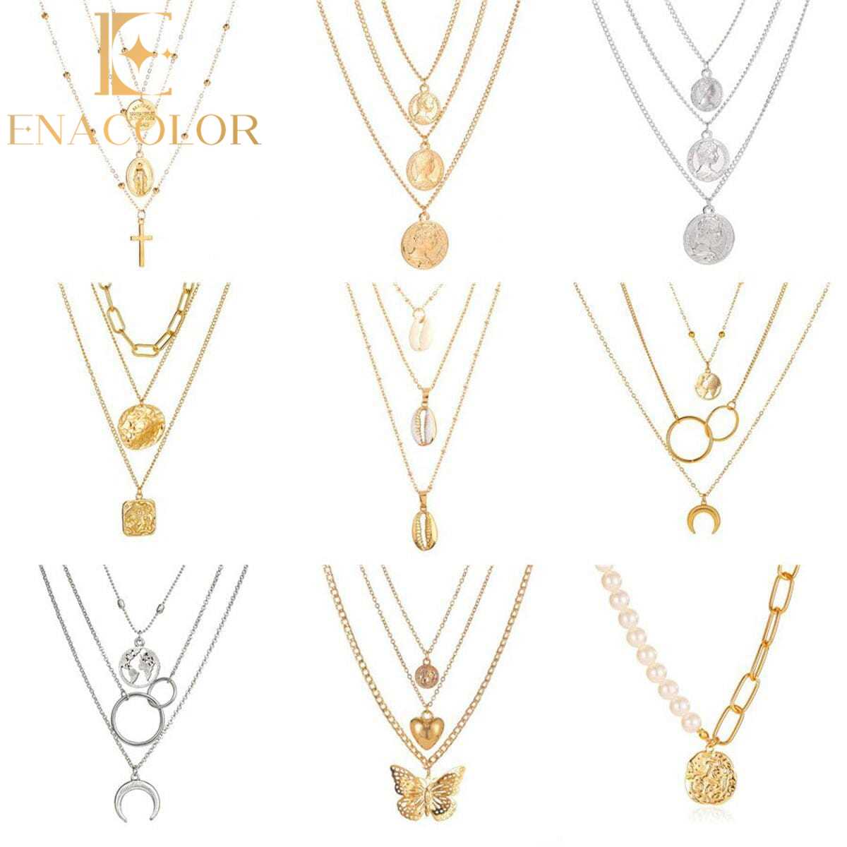 Enacolor Elegant Female Key Lock Map Multi-layer Pendant Necklace for Girls Metal Choker Women Jewelry Accessories