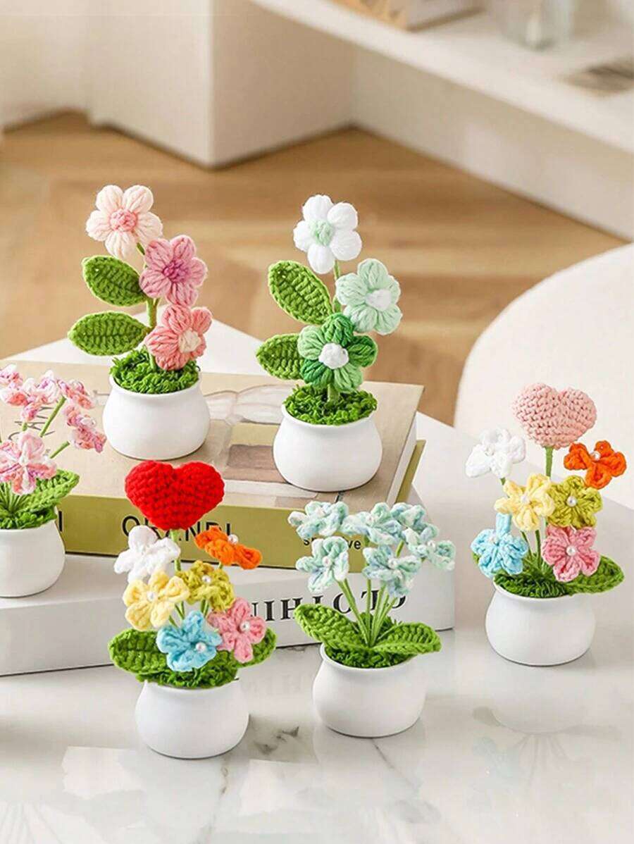 1pc Finished Handmade Puff Dont Forget Me Crochet Plants, Hand Woven Potted Plant, Home Decoration, Office Ornament, Car Ornaments, Gifts For Valentines Mothers Gifts, Valentine Day, Gift Birthday Graduation