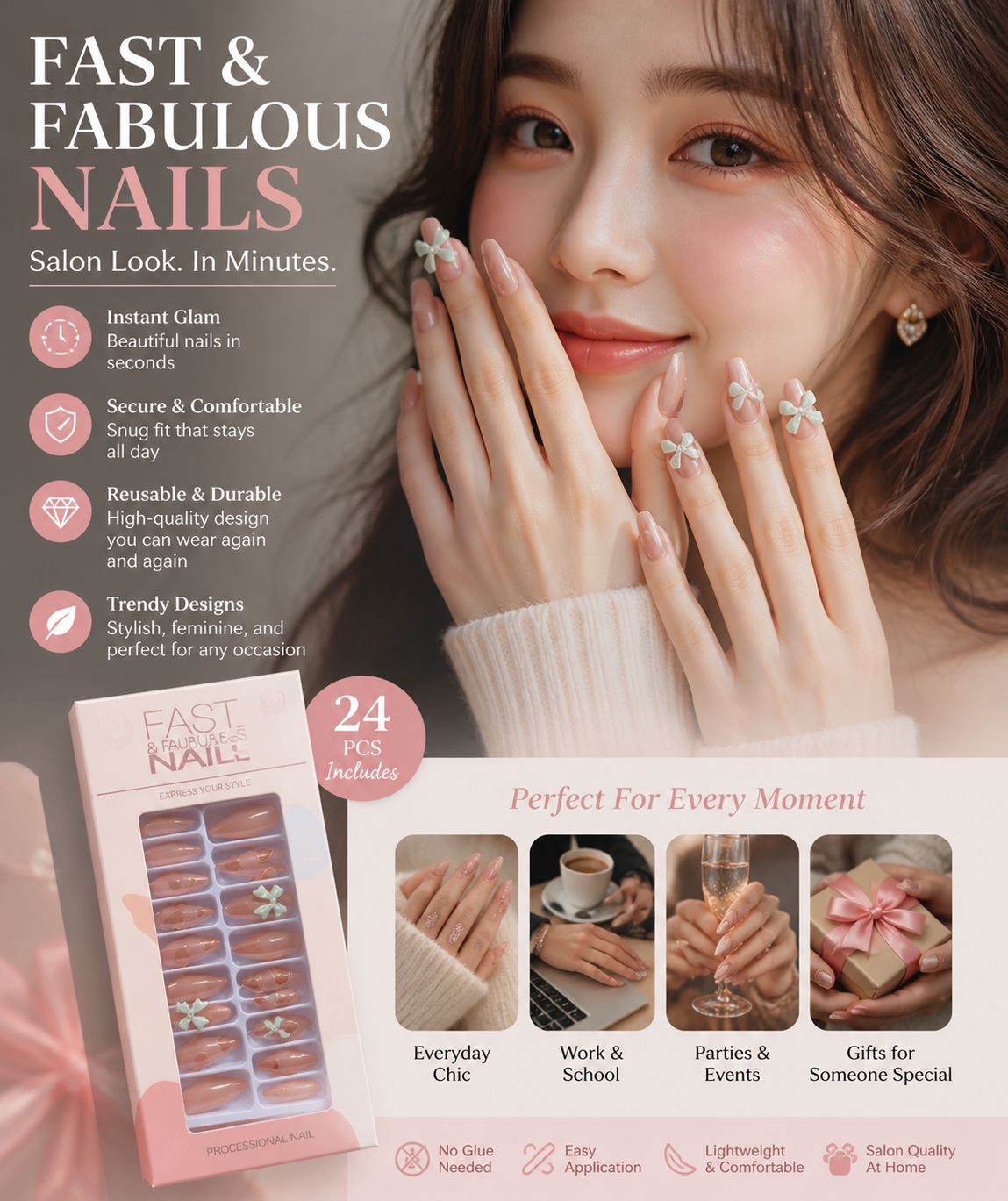 Exquisite Series Nude Press-On Nails - 24PCS 3D Fake Nails with Glue Tape & Filer for Everyday Wear
