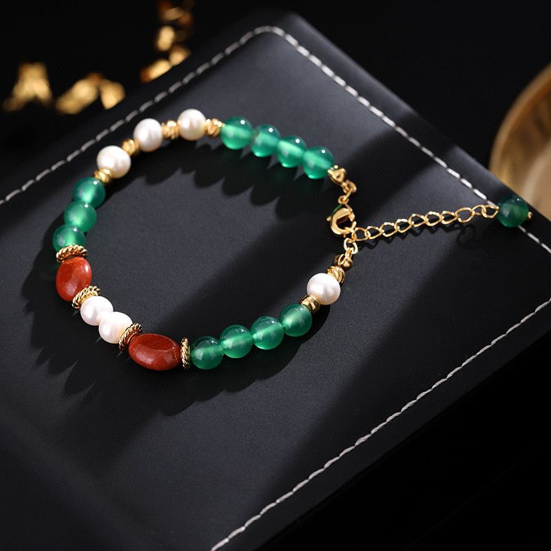 【Top Picks】High Version Real Gold Electroplated New Chinese Retro Emerald Agate Natural Pearl Bracelet Women's South Red Stone Bracelet