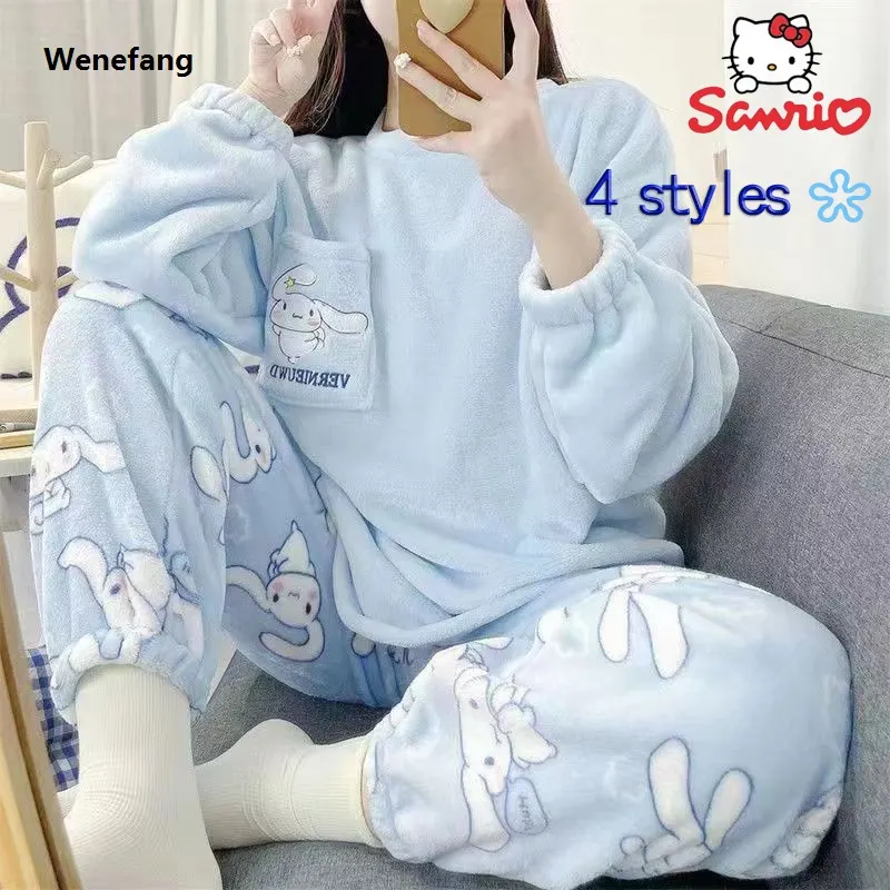Wenefang Sanrio Hello Kitty Kuromi My Melody Pochacco Xmas Cartoon Plus Velvet Luxury Thickened Pajamas Creative Anime Movie Home Wear Set Gift