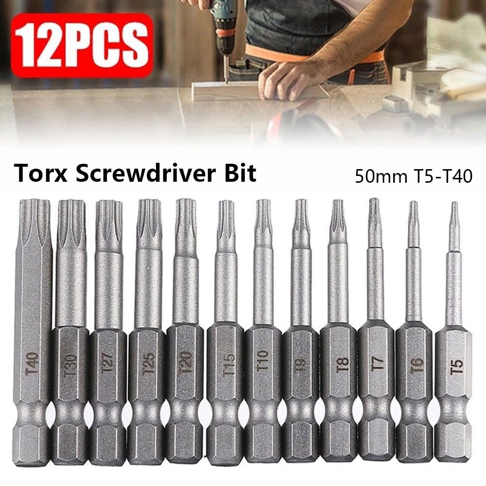 12Pcs/Set New 50mm Torx Screwdriver Bit T5-T40 1/4Inch Hex Shank Electric Screw Driver Bit Set Alloy Steel with Hole Torx Bits