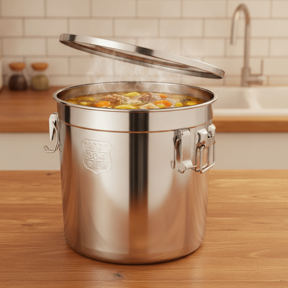 Practical 304 Stainless Steel Kitchen Grain Container Moisture-proof Pest-proof Milk Storage Bucket with Seal Lid Leak-proof Soup Bucket Canteen