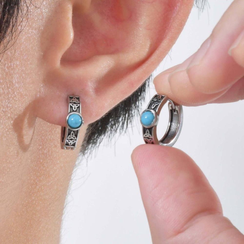 Viking Theme Vintage Celtic Knot Hoop Earrings Sleeper Huggie Stainless Steel Earrings Knot Pattern Hoops Turquoise Earrings for Men Boys