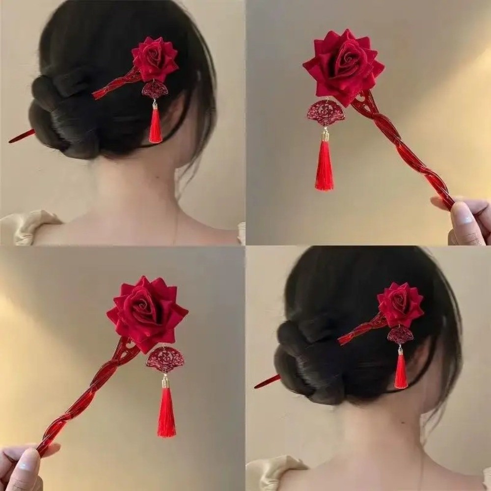 Retro Red Rose Ancient Chinese Hairpin Tassel Red Hair Stick With Fan Hair Pins Women