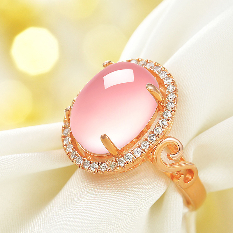 【Cheap】Rose-plated Gold Hibiscus Stone Ring Women's Egg-shaped Pink Crystal Elegant Ethnic Antique Bracelet Adjustable Ring