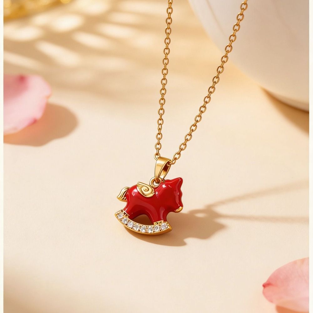 Trendy Dripping Oil Design Horse Hoop Earrings Electroplated Pearl Accent Red Pony Necklace Exquisite Cute Zodiac Pony Charm Year of Birth