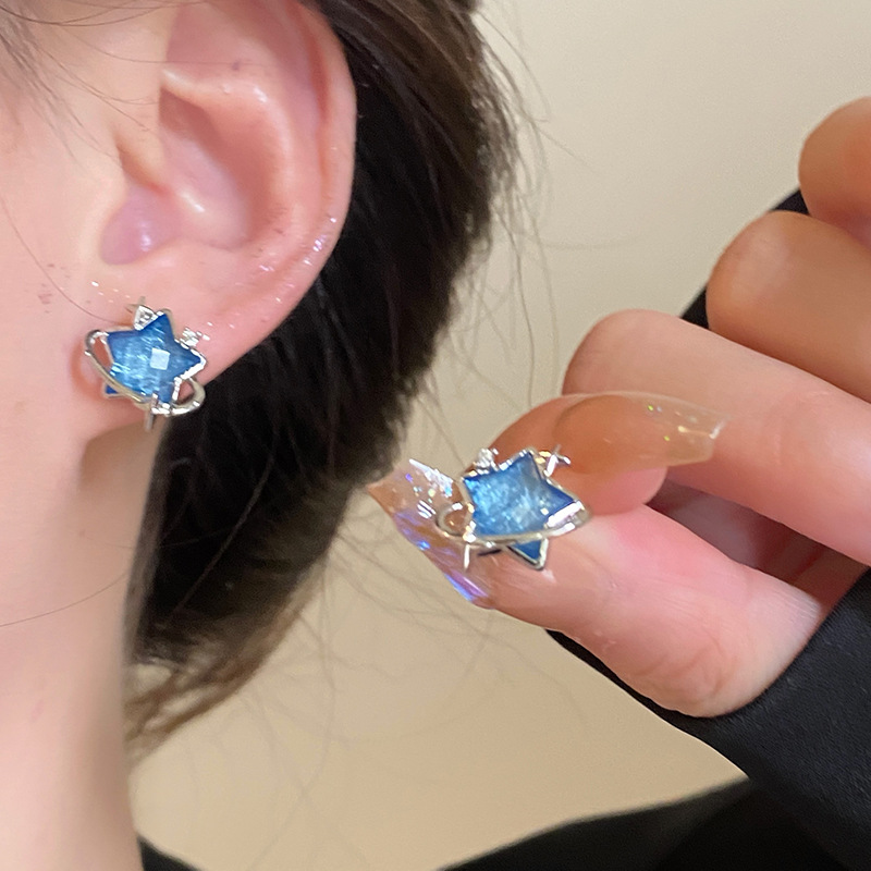 【New Arrivals】Summer blue starry sky earrings female pentagonal star four awn star earrings design sense niche earrings