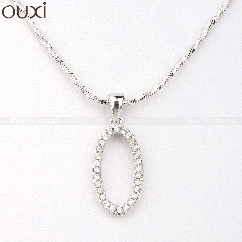OUXI Silver Crystal Studded Oval Pendant With Chain For Women-K10284