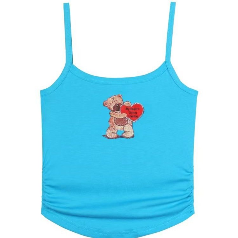 Fashion Spice Girl Little Bear Embroidery Sling Summer with Chest Pads Beautiful Back Vest Slim Outerwear Short Top Beach Vacation