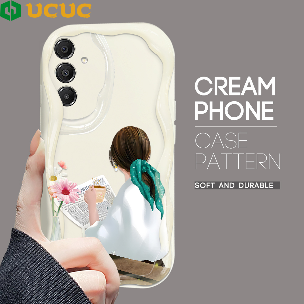 UCUC for Samsung A16 5G Back Cover Girl Drinking Tea Cream Texture Wavy Edge Soft Silicone Phone Case